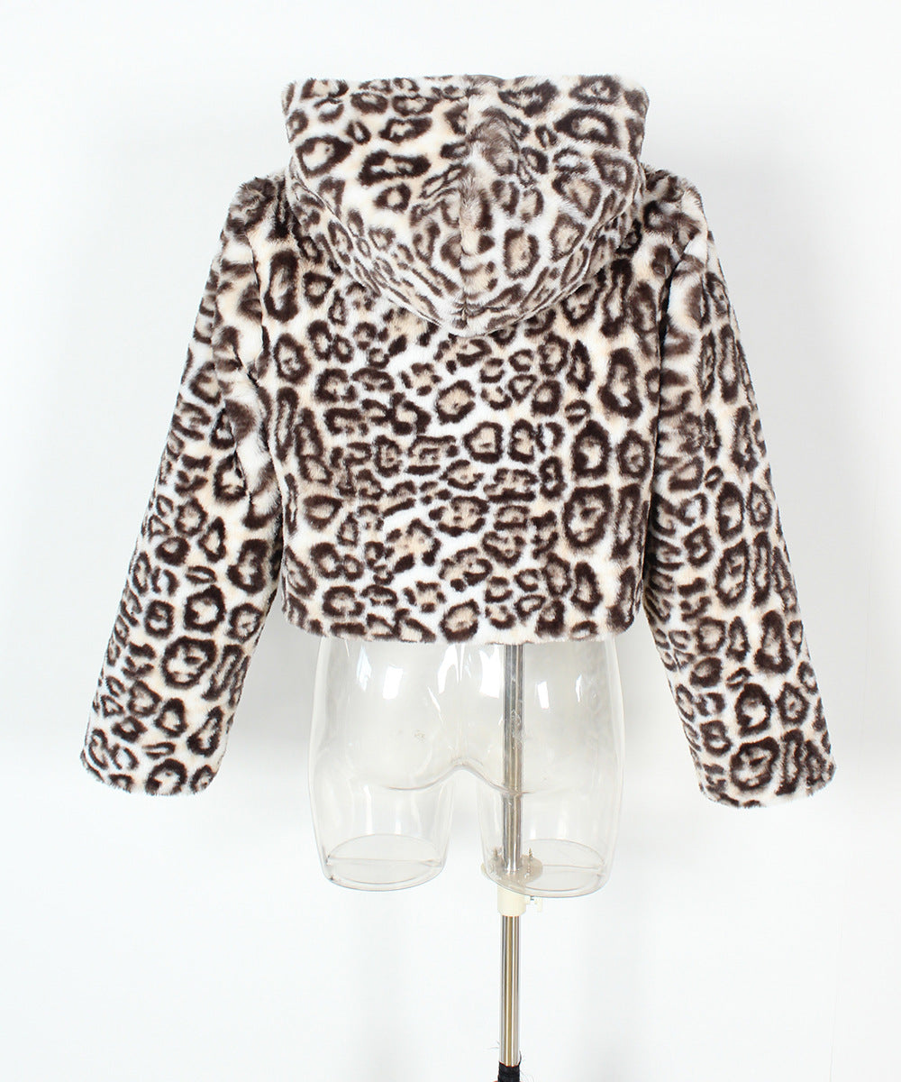 Plush Animal Print Zip Up Hooded Coat - White - 1