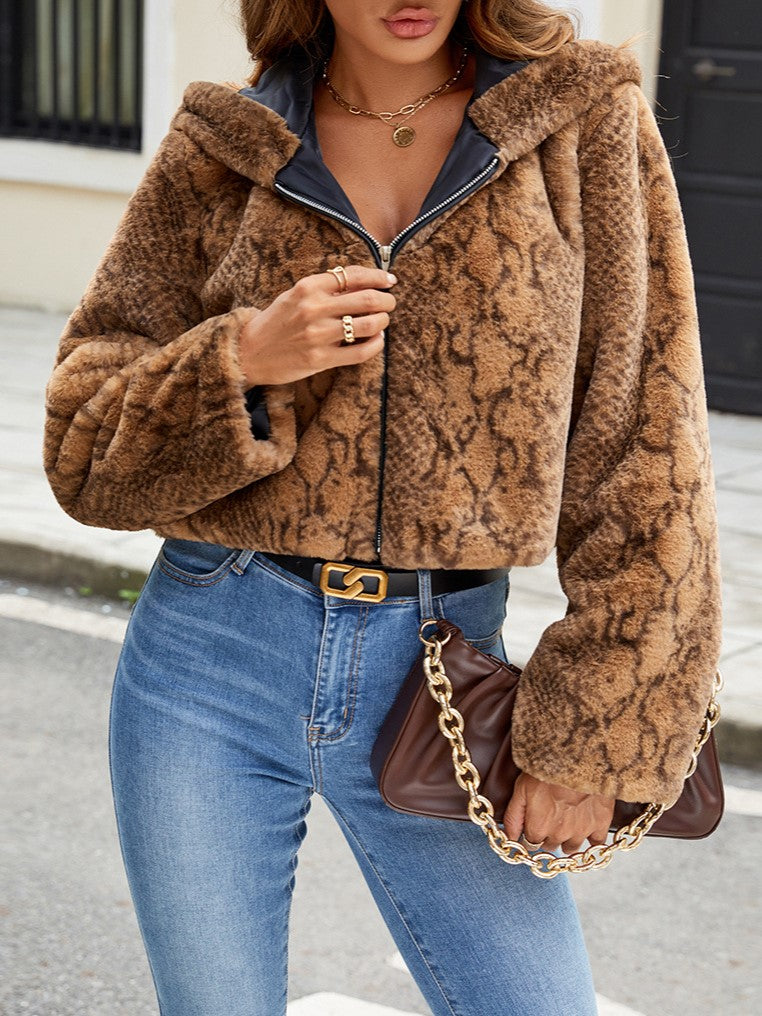 Plush Animal Print Zip Up Hooded Coat