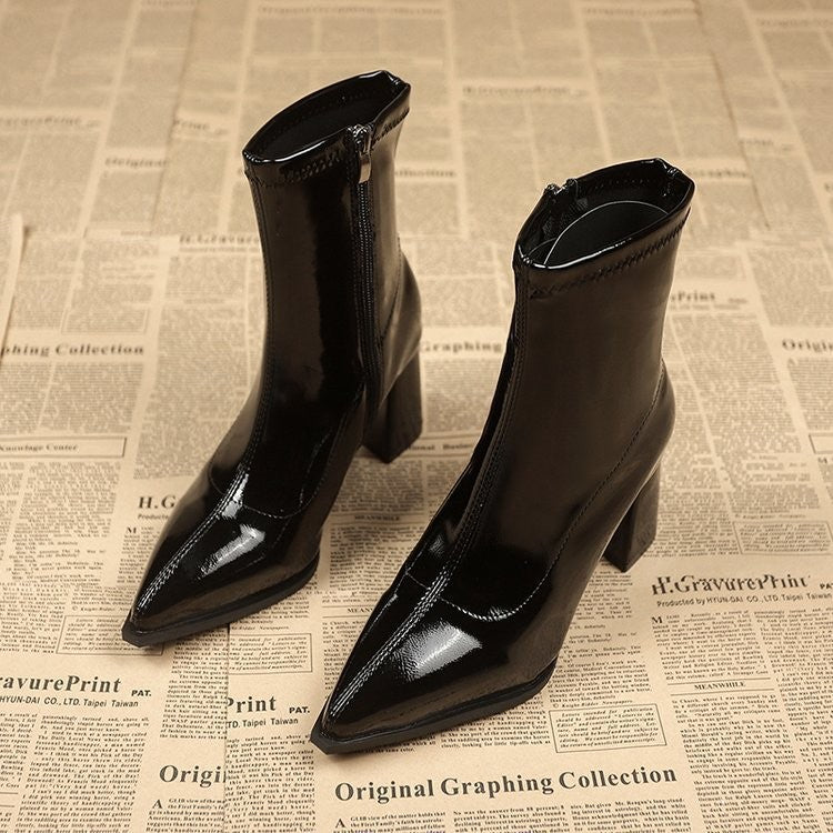 Pointed Toe Patent Block Heel Sock Booties - Black