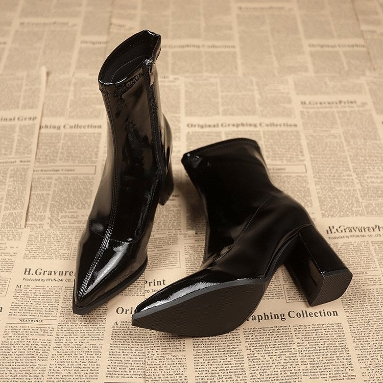 Pointed Toe Patent Block Heel Sock Booties - Black Fleece