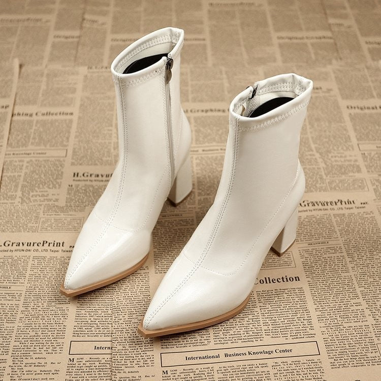 Pointed Toe Patent Block Heel Sock Booties - Cream