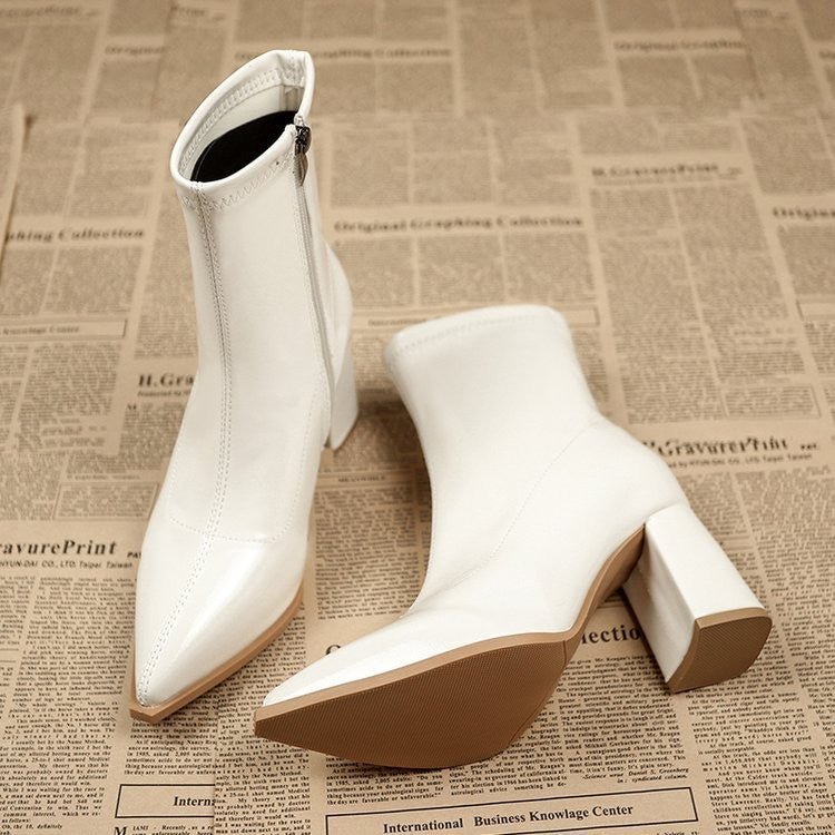 Pointed Toe Patent Block Heel Sock Booties - Cream Fleece