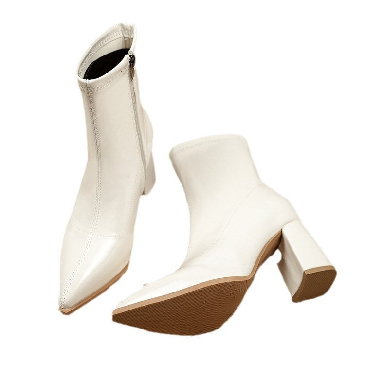 Pointed Toe Patent Block Heel Sock Booties