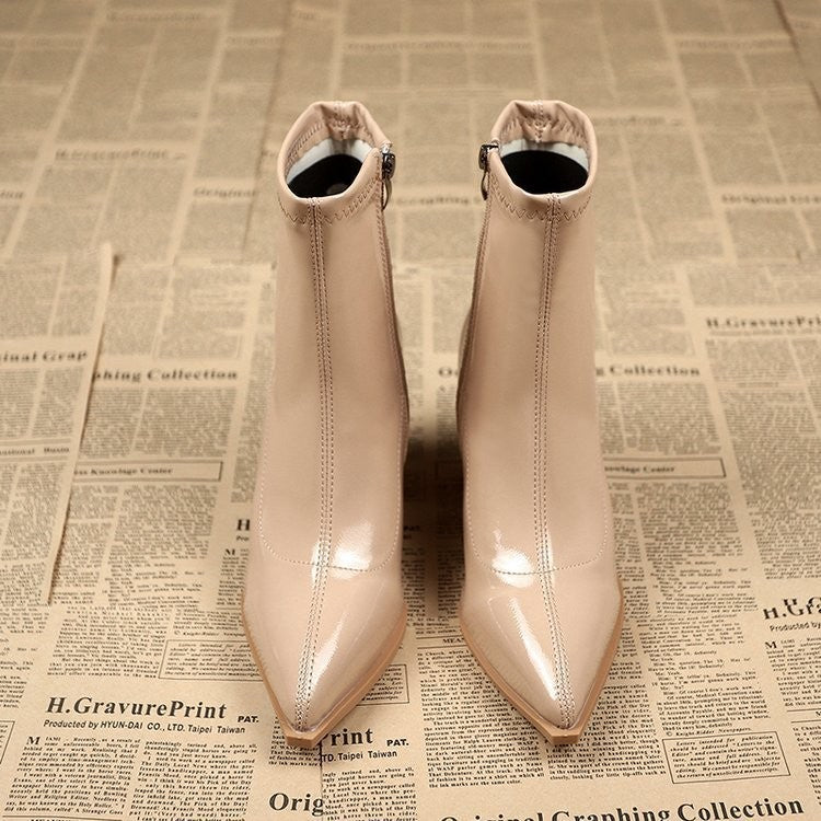 Pointed Toe Patent Block Heel Sock Booties