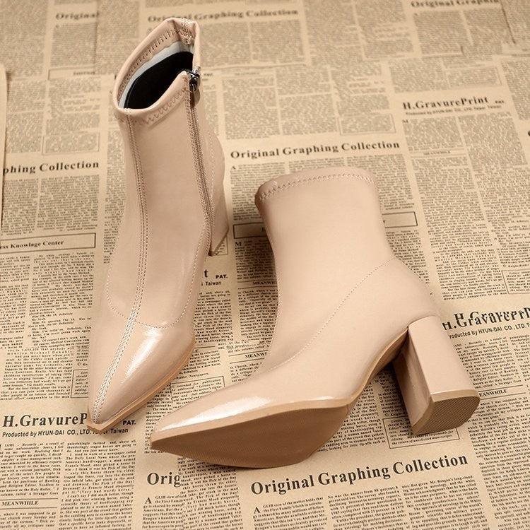 Pointed Toe Patent Block Heel Sock Booties