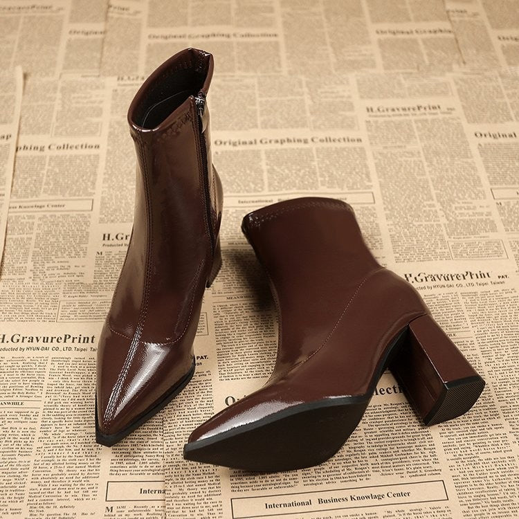 Pointed Toe Patent Block Heel Sock Booties