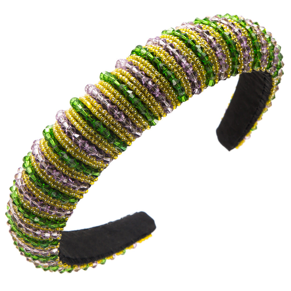 Beaded Stripe Padded Wide Headband - Green
