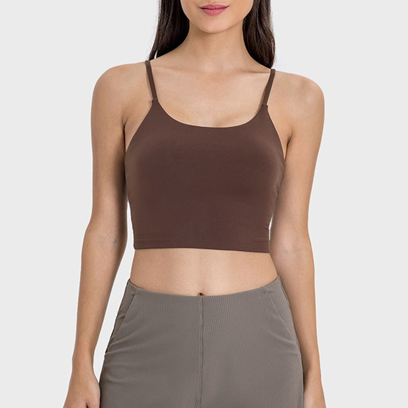 Padded Scoop Neck Thin Strap Cropped Workout Cami - Espresso