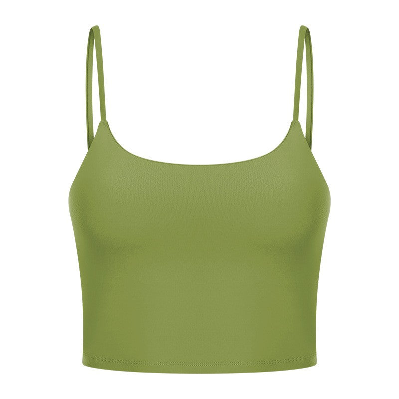 Padded Scoop Neck Thin Strap Cropped Workout Cami - Olive Green