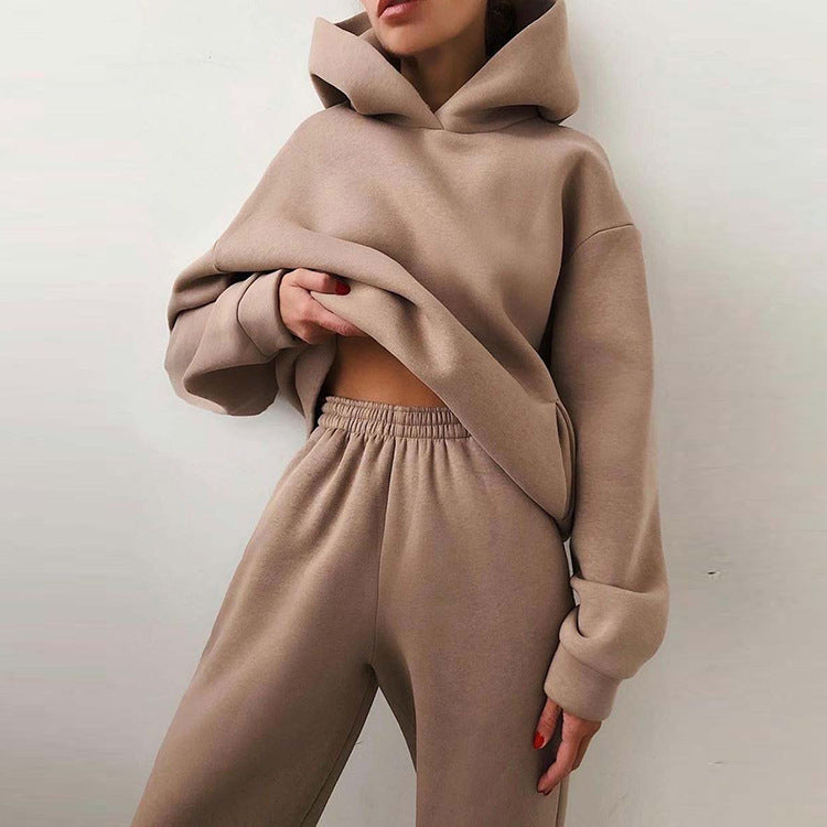 Oversized Hooded Sweatshirt And Jogger Set - Khaki