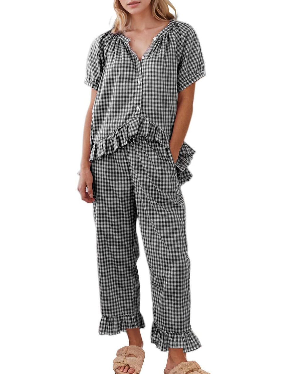 Gingham Check Ruffle Hem Two Piece Set - Black