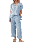 Gingham Check Ruffle Hem Two Piece Set - Blue