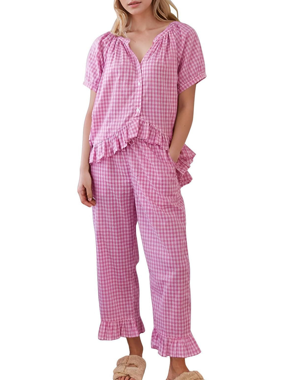 Gingham Check Ruffle Hem Two Piece Set - Pink - 1