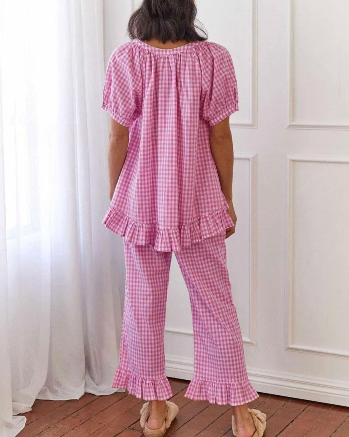 Gingham Check Ruffle Hem Two Piece Set - Pink - 2