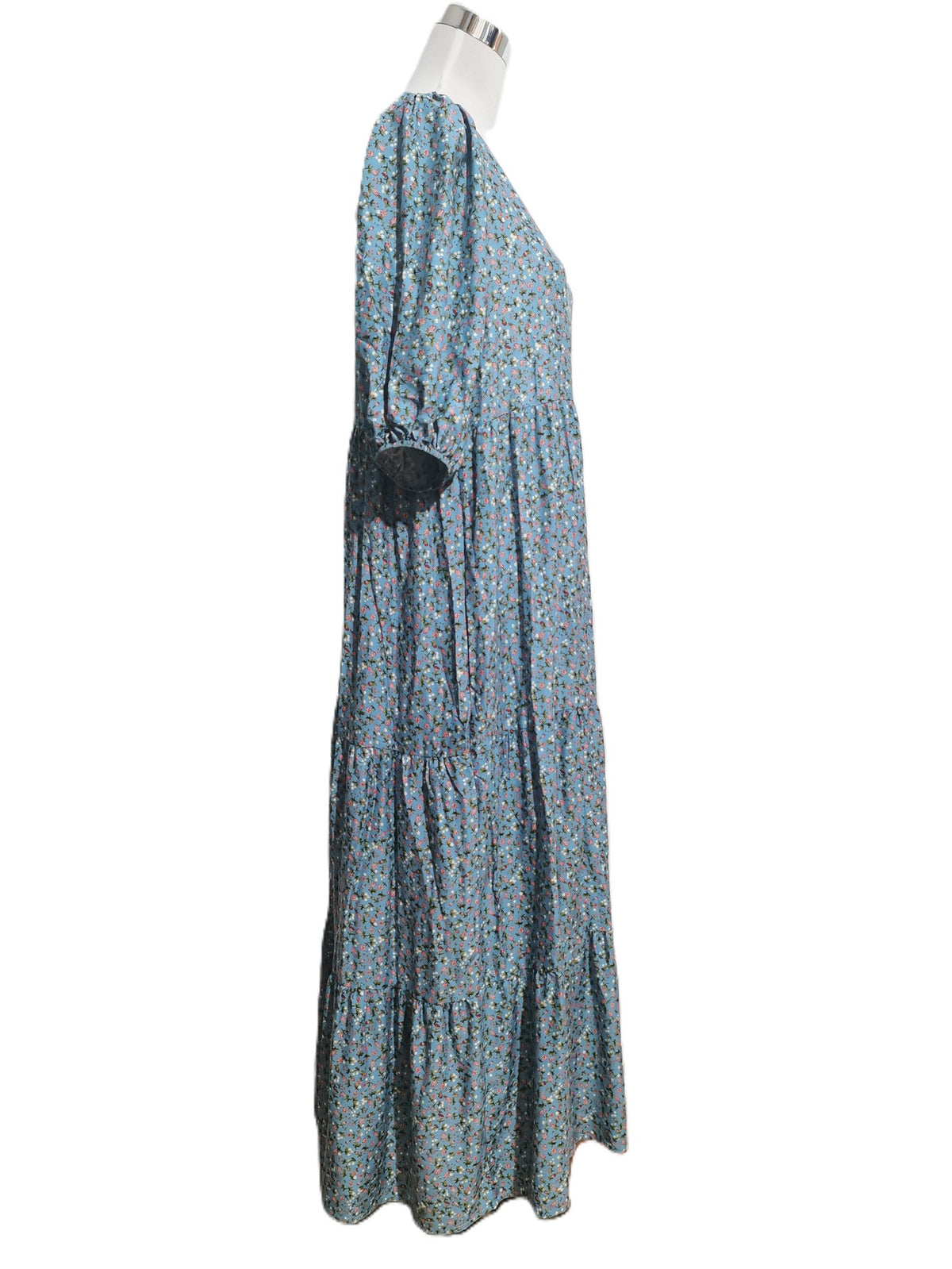 Ditsy Floral Puff Sleeve Tiered Maxi Dress - Blue - 1