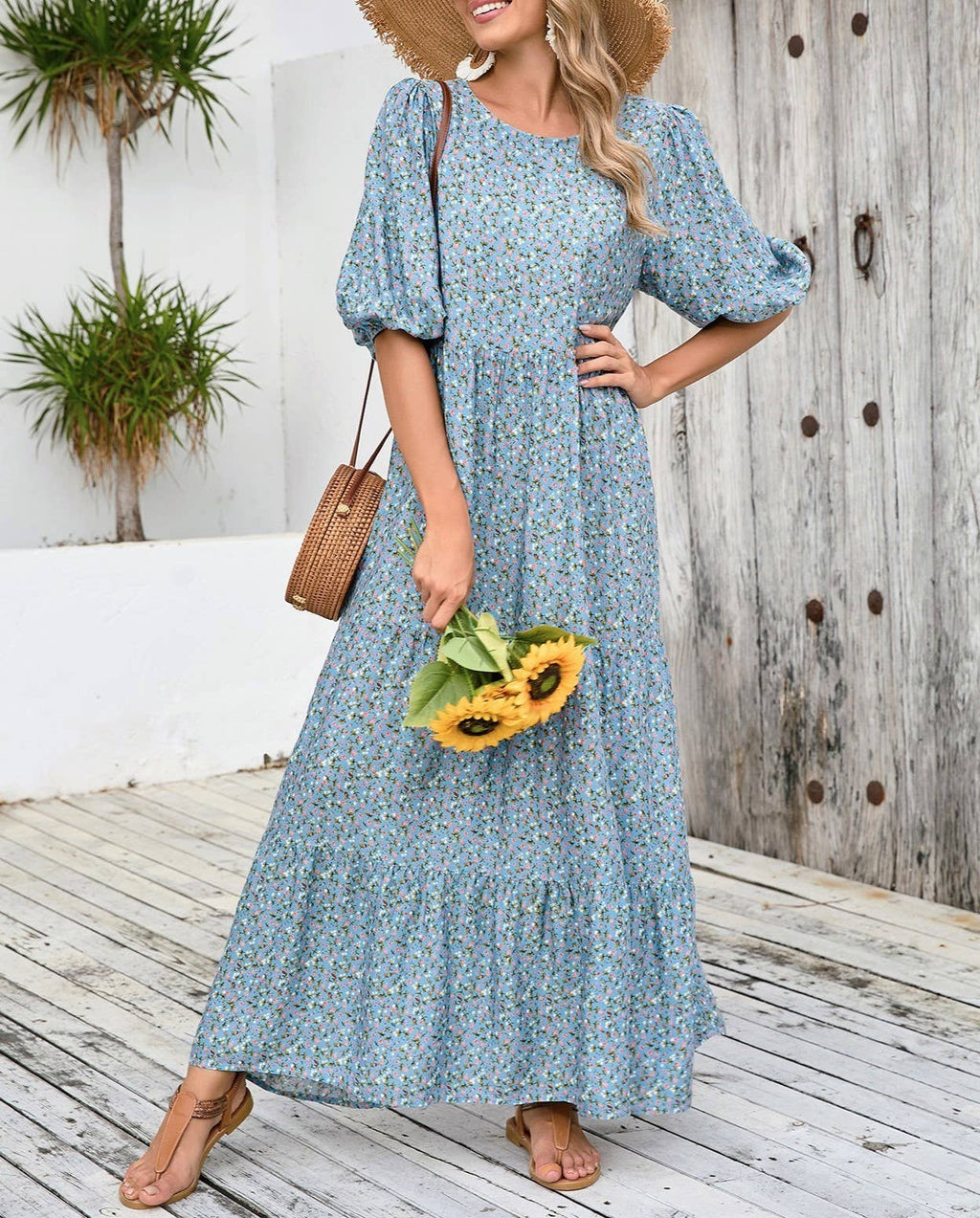 Ditsy Floral Puff Sleeve Tiered Maxi Dress