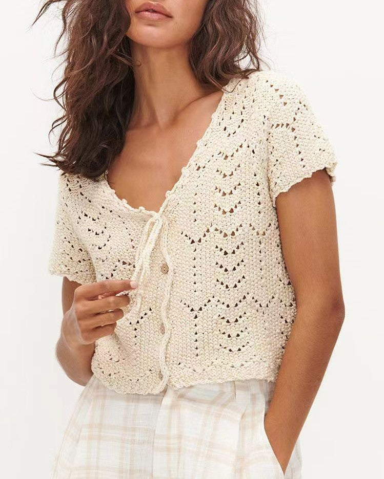 Pointelle Knit Tie Front Cropped Top - Beige