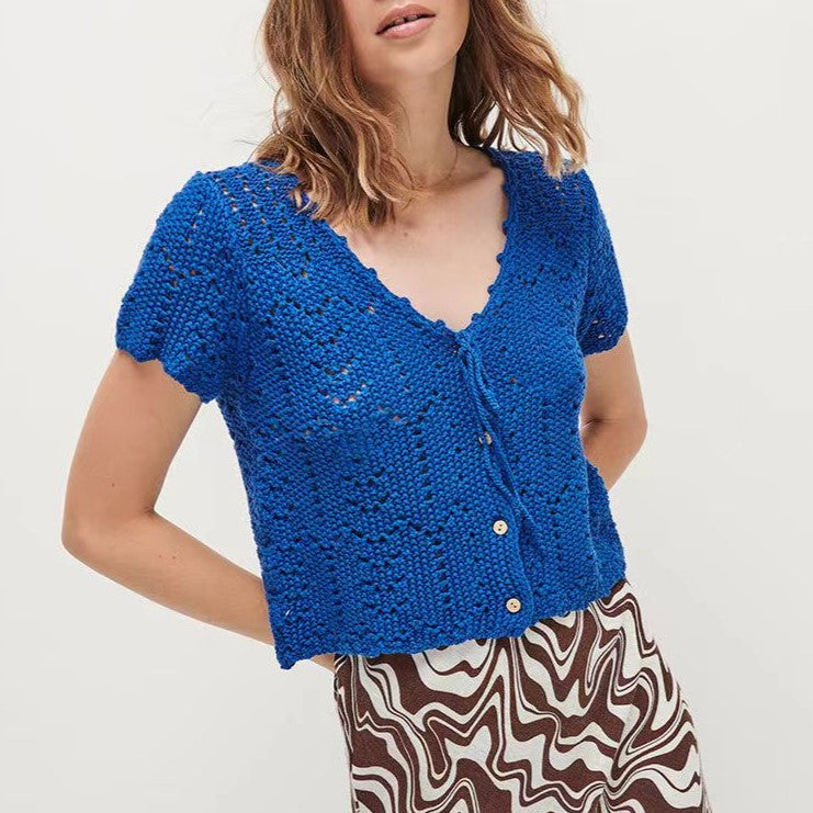 Pointelle Knit Tie Front Cropped Top - Blue