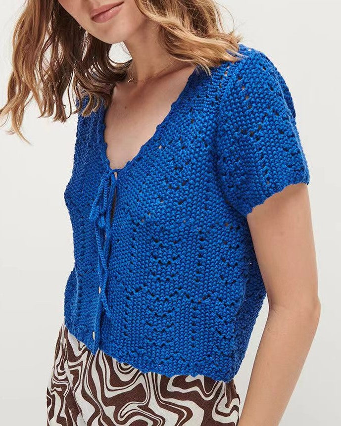 Pointelle Knit Tie Front Cropped Top - Blue - 2