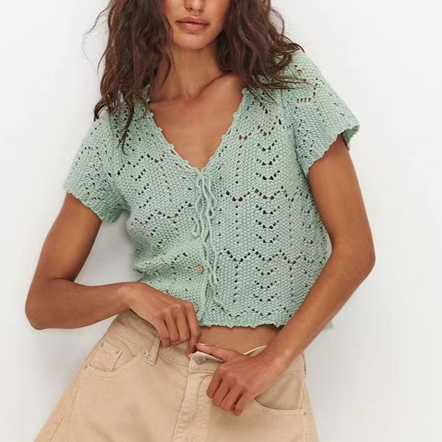 Pointelle Knit Tie Front Cropped Top - Green