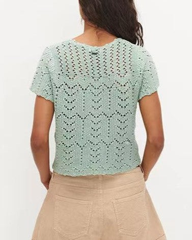 Pointelle Knit Tie Front Cropped Top - Green - 1