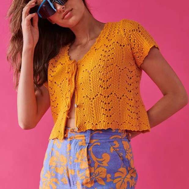 Pointelle Knit Tie Front Cropped Top - Orange