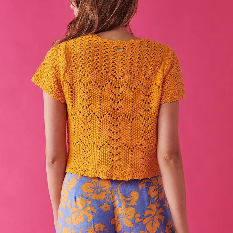 Pointelle Knit Tie Front Cropped Top - Orange - 1