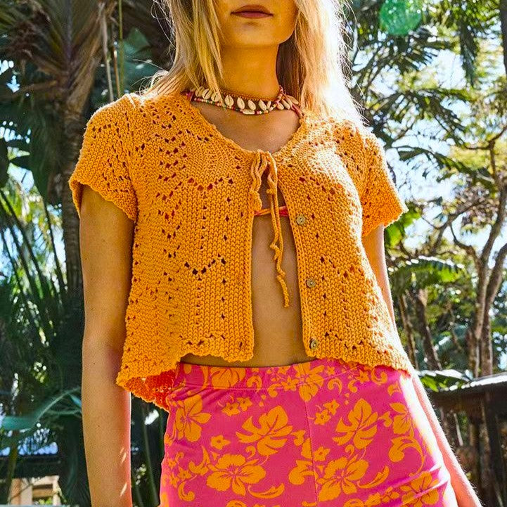 Pointelle Knit Tie Front Cropped Top - Orange - 2