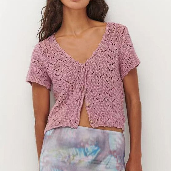Pointelle Knit Tie Front Cropped Top - Purple
