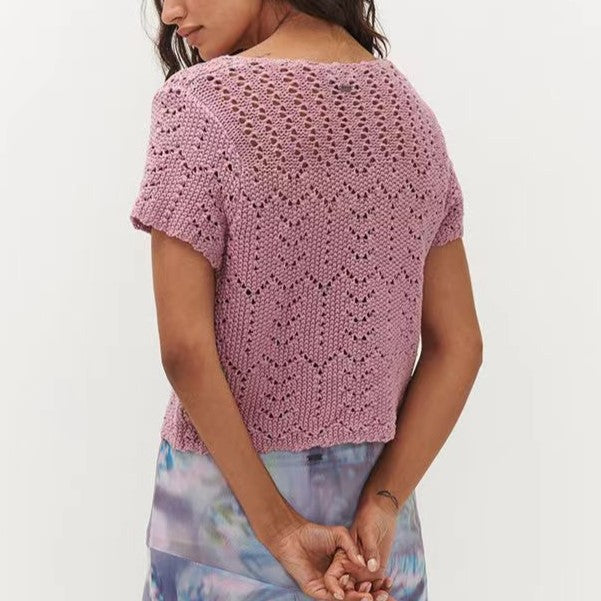 Pointelle Knit Tie Front Cropped Top - Purple - 1