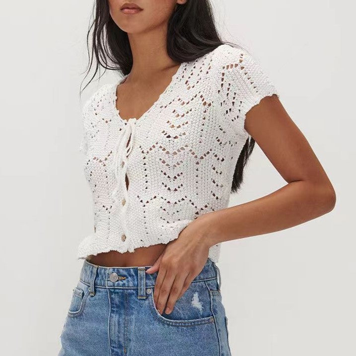 Pointelle Knit Tie Front Cropped Top - White