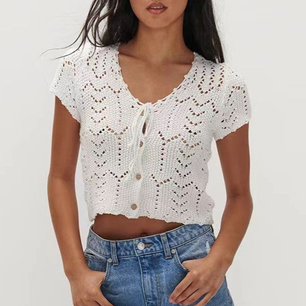 Pointelle Knit Tie Front Cropped Top - White - 2