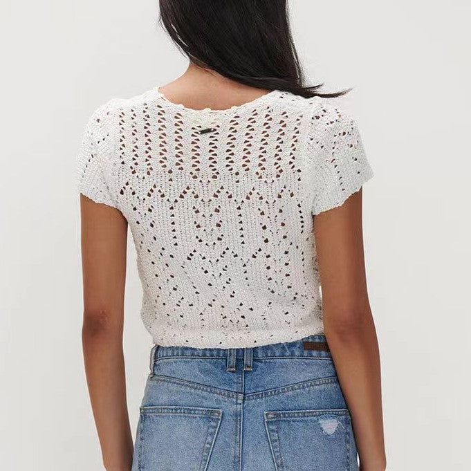 Pointelle Knit Tie Front Cropped Top - White - 3