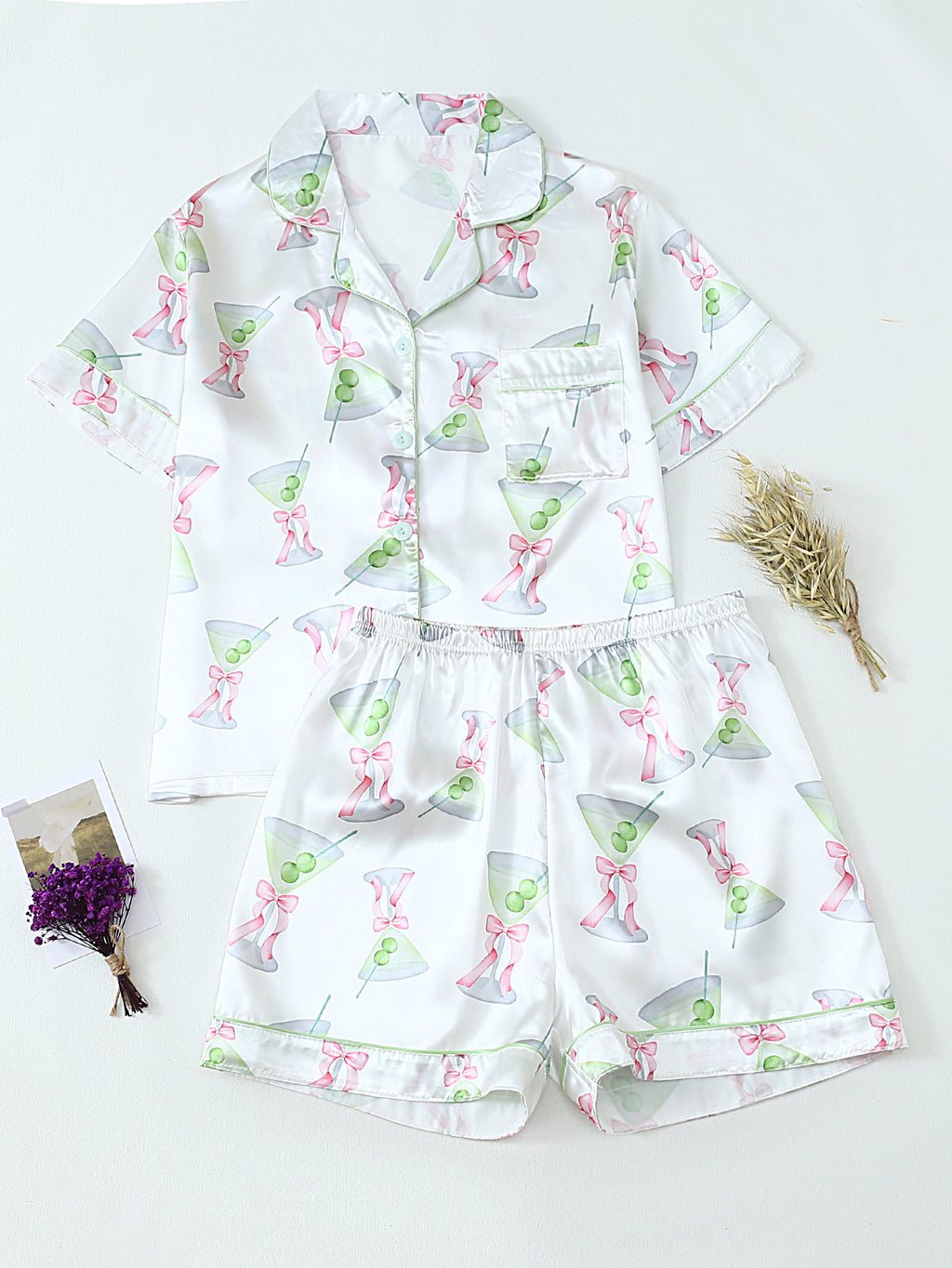 Party Print Piped Short Pajama Set - Bow