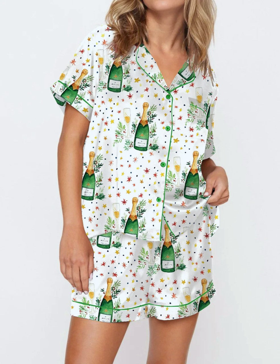 Party Print Piped Short Pajama Set - Green
