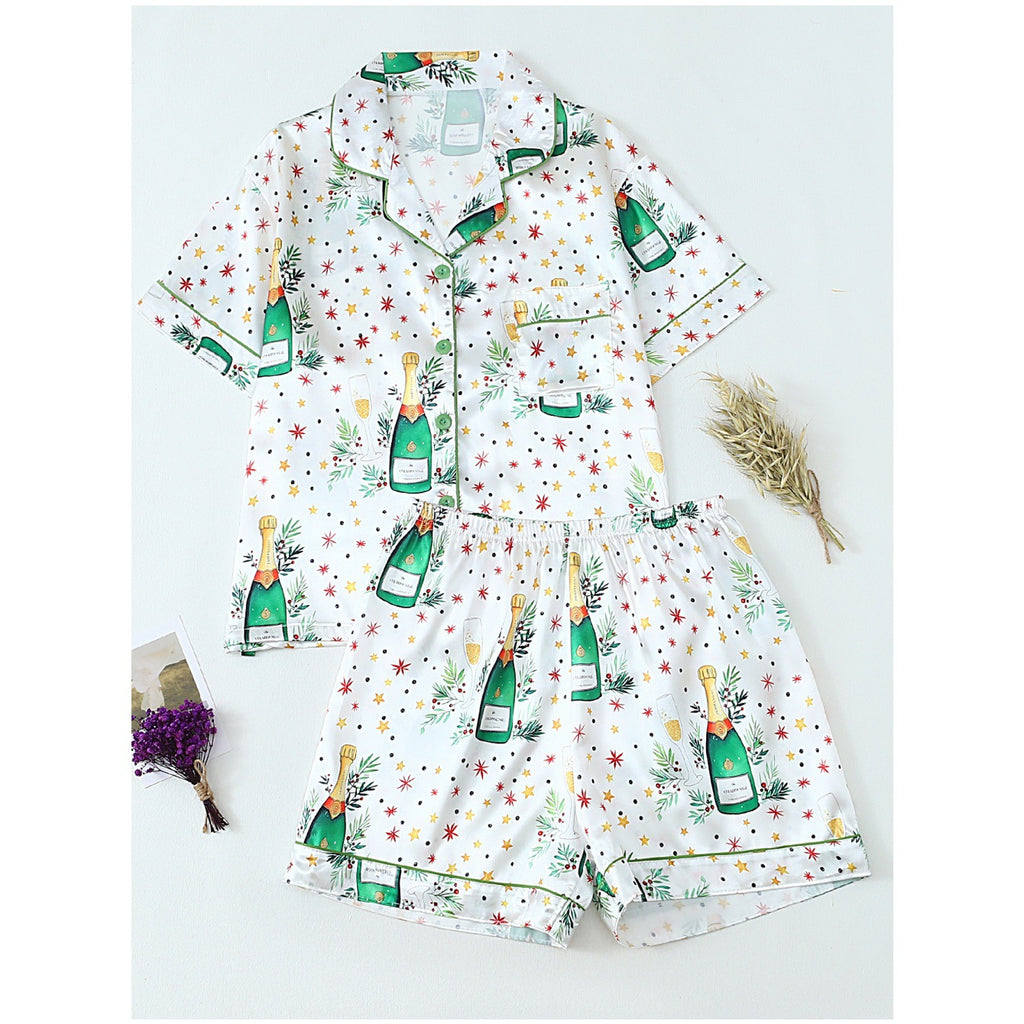Party Print Piped Short Pajama Set - Green - 1