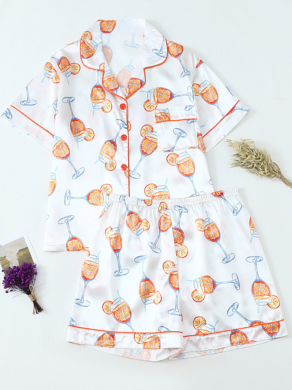 Party Print Piped Short Pajama Set - Orange