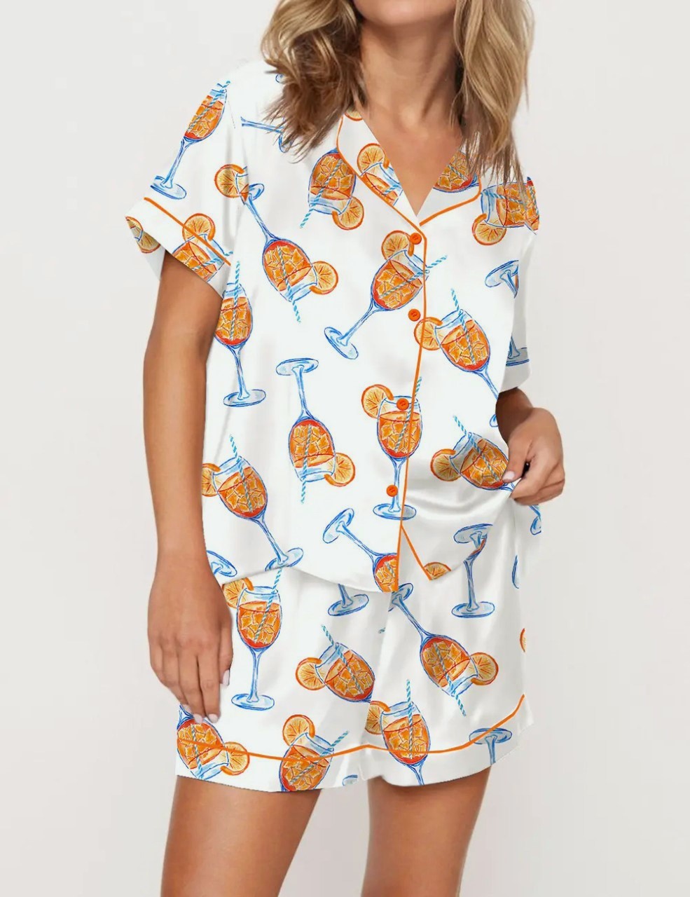Party Print Piped Short Pajama Set - Orange - 2