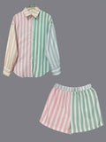Candy Stripe Patchwork Shirt and Shorts Set - Pink