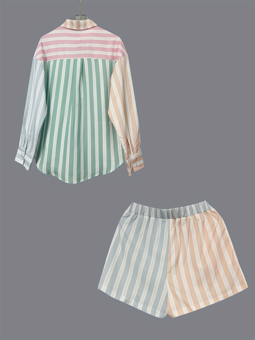Candy Stripe Patchwork Shirt and Shorts Set - Pink - 1