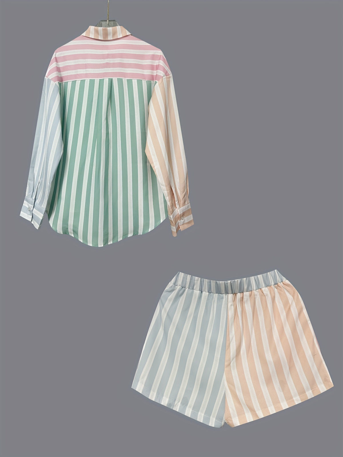 Candy Stripe Patchwork Shirt and Shorts Set - Pink - 1