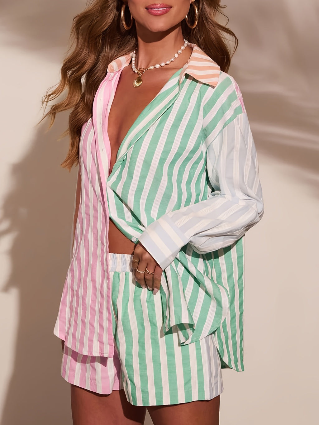 Candy Stripe Patchwork Shirt and Shorts Set - Pink - 3