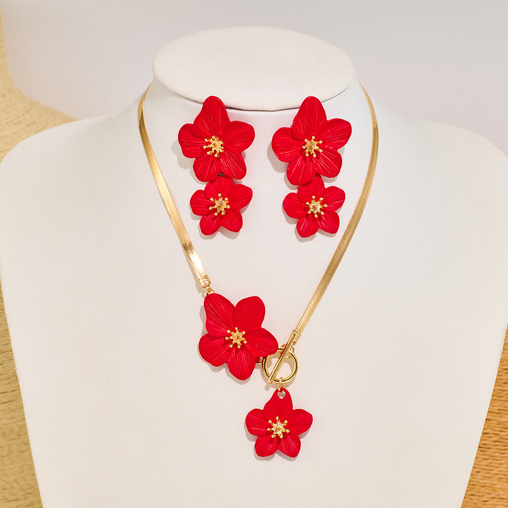 Blossom Charm Snake Chain Necklace Set - Red