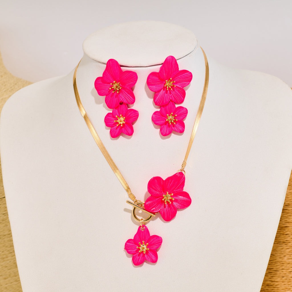 Blossom Charm Snake Chain Necklace Set - RoseRed