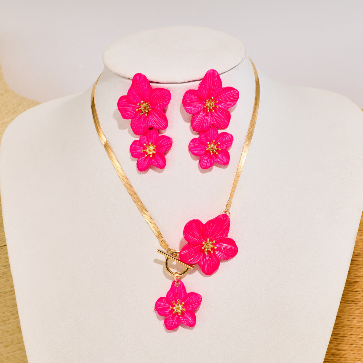 Blossom Charm Snake Chain Necklace Set - RoseRed