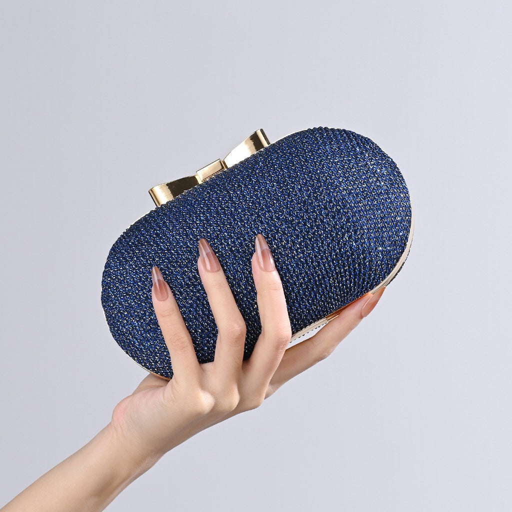 Pleated Glitter Egg Clutch with Bow Clasp - Navy