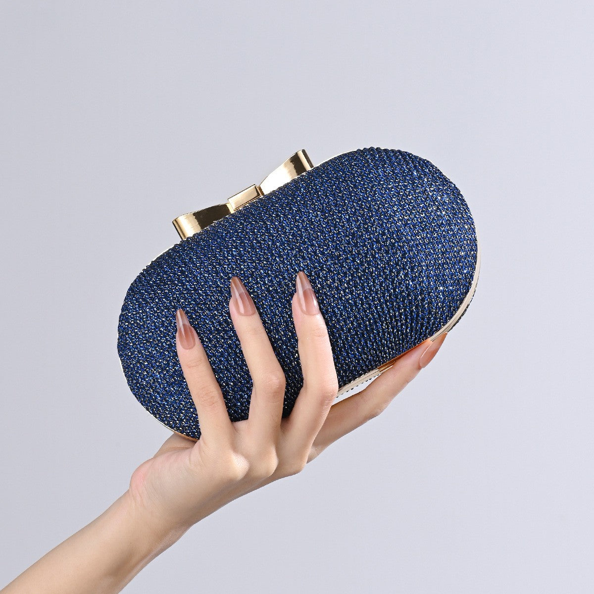 Pleated Glitter Egg Clutch with Bow Clasp - Navy
