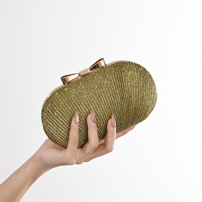 Pleated Glitter Egg Clutch with Bow Clasp - Olive