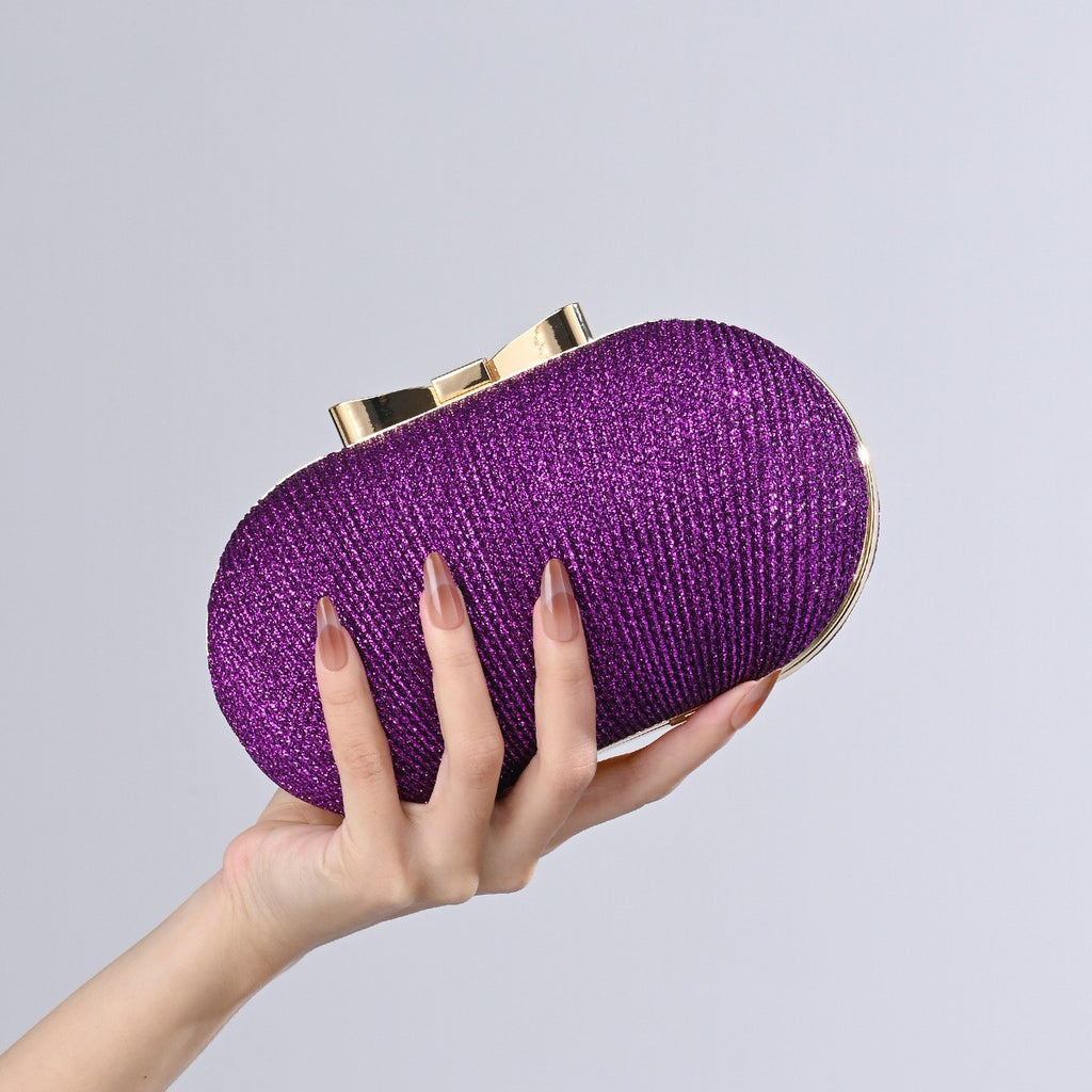 Pleated Glitter Egg Clutch with Bow Clasp - Purple