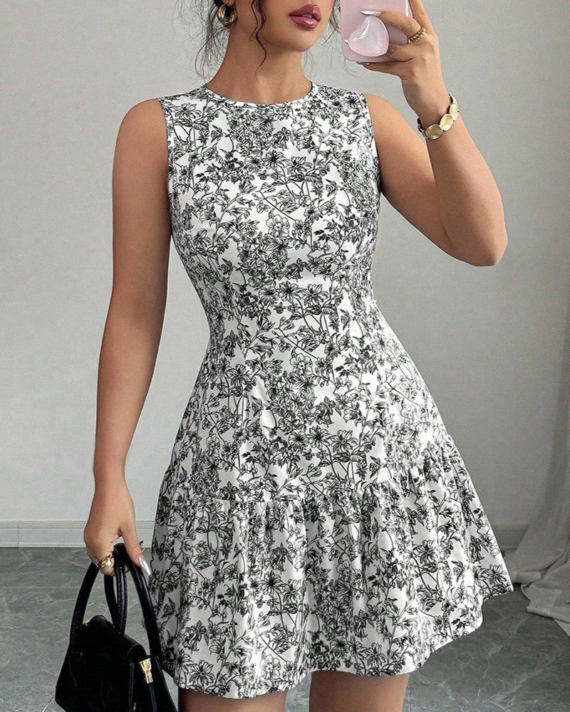Sleeveless Floral Tiered Mini Dress - Black